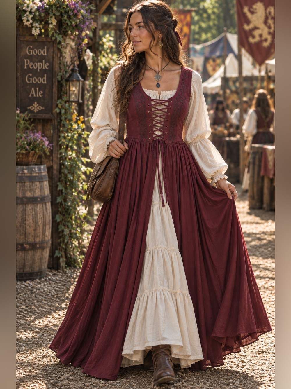 NWT HolyClothing Brigid Burgundy Wine Celtic Renaissance Overdress Pockets Small